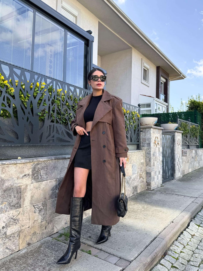 Kruvaze Yaka Apoletli Süet Trench