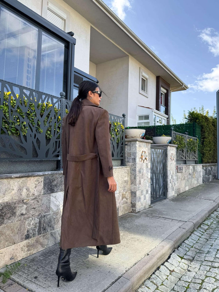 Kruvaze Yaka Apoletli Süet Trench