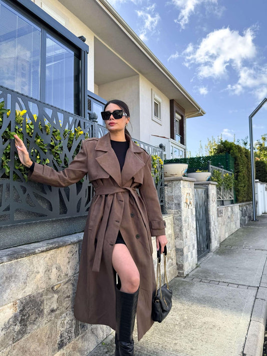 Kruvaze Yaka Apoletli Süet Trench