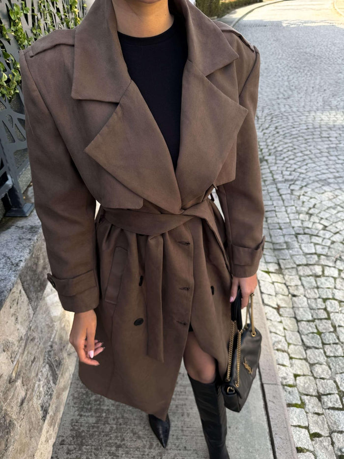 Kruvaze Yaka Apoletli Süet Trench