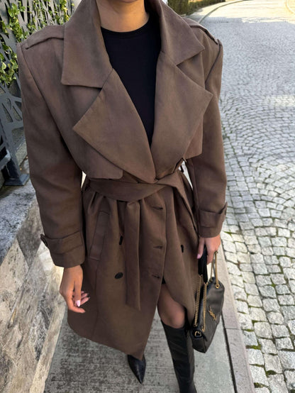 Kruvaze Yaka Apoletli Süet Trench
