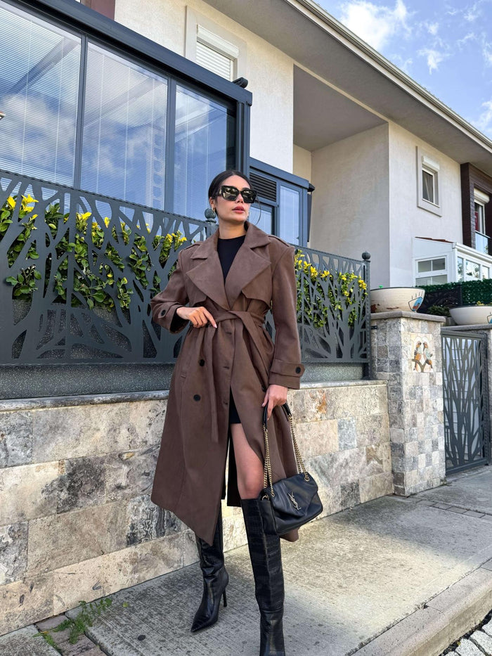 Kruvaze Yaka Apoletli Süet Trench