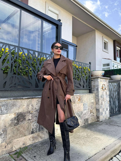 Kruvaze Yaka Apoletli Süet Trench