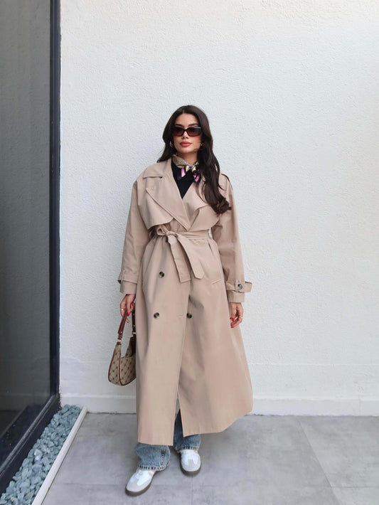 Kruvaze Yaka Kemerli Uzun Trench