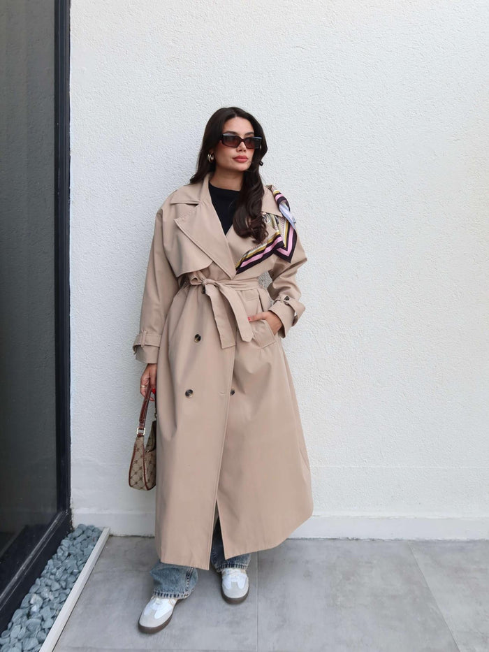 Kruvaze Yaka Kemerli Uzun Trench Bej