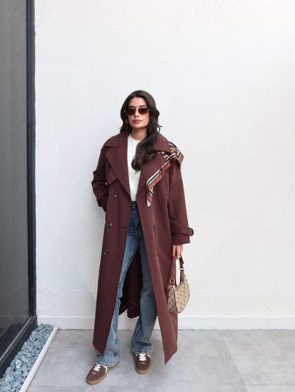 Kruvaze Yaka Kemerli Uzun Trench Kahve