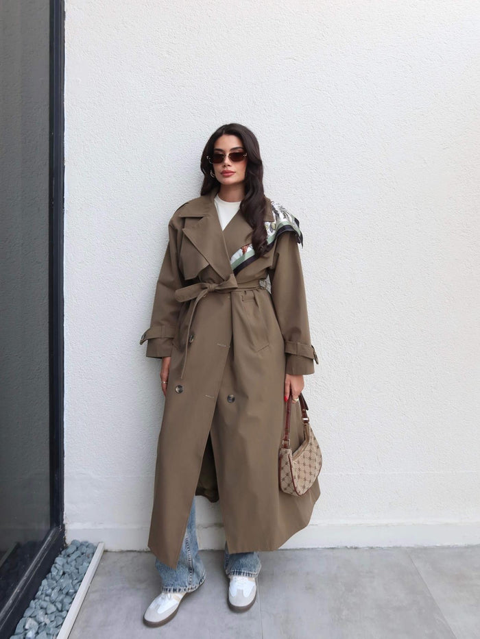 Kruvaze Yaka Kemerli Uzun Trench Haki