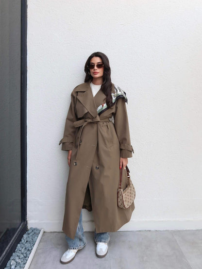 Kruvaze Yaka Kemerli Uzun Trench