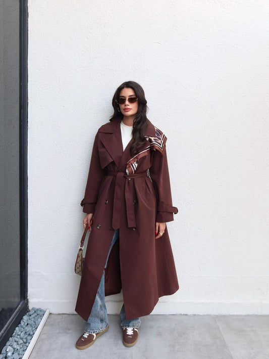 Kruvaze Yaka Kemerli Uzun Trench