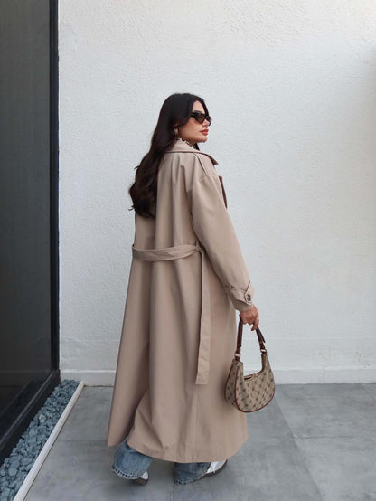 Kruvaze Yaka Kemerli Uzun Trench Bej