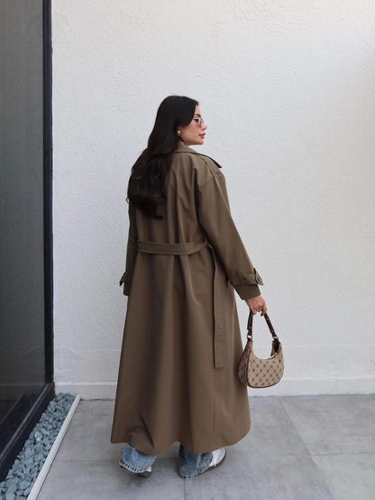 Kruvaze Yaka Kemerli Uzun Trench Haki