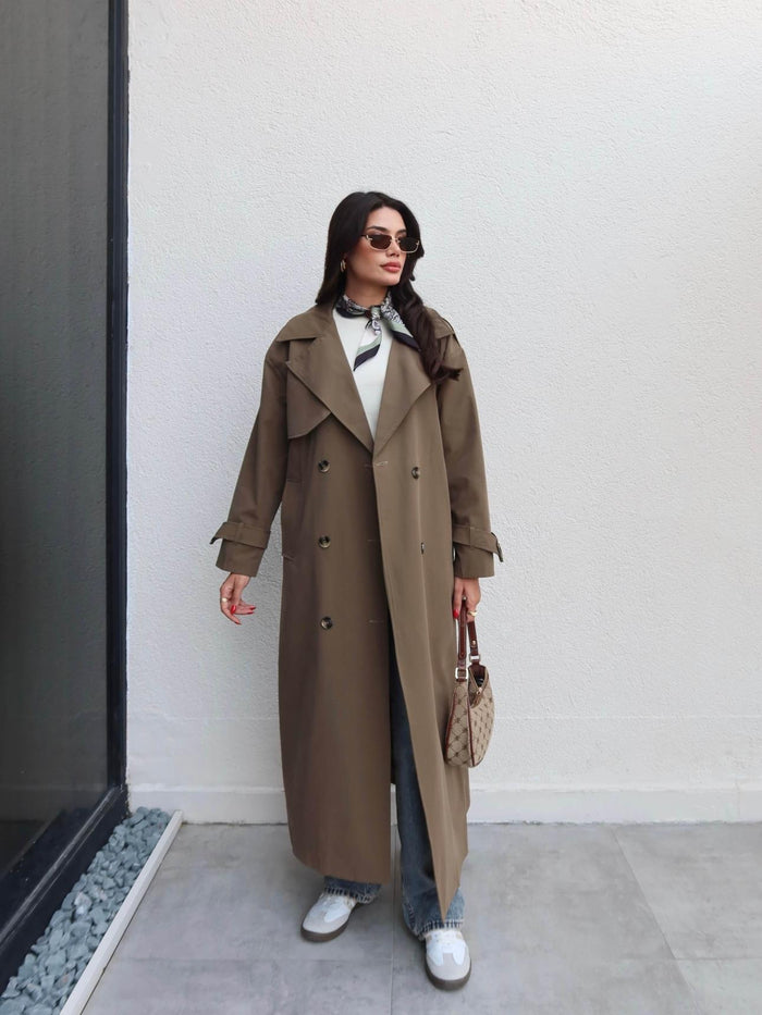 Kruvaze Yaka Kemerli Uzun Trench Haki