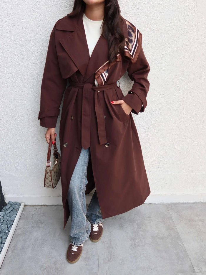 Kruvaze Yaka Kemerli Uzun Trench Kahve