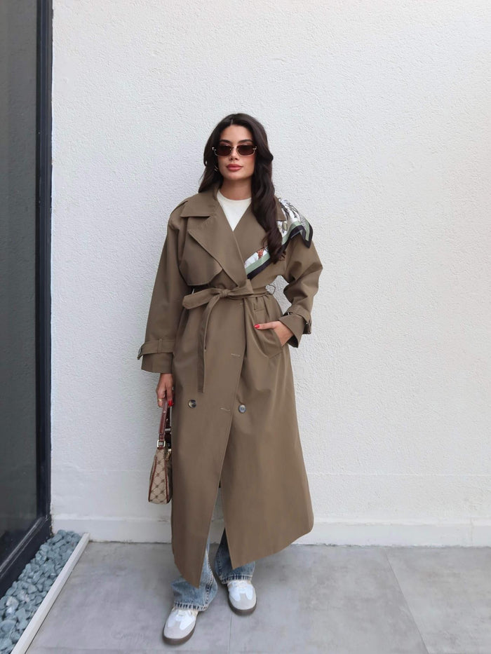 Kruvaze Yaka Kemerli Uzun Trench Haki