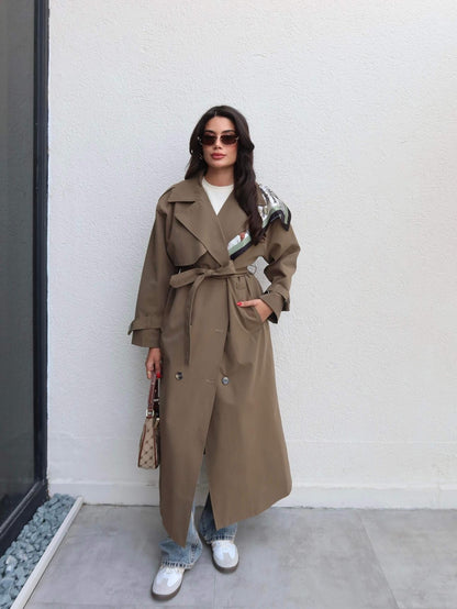 Kruvaze Yaka Kemerli Uzun Trench Haki