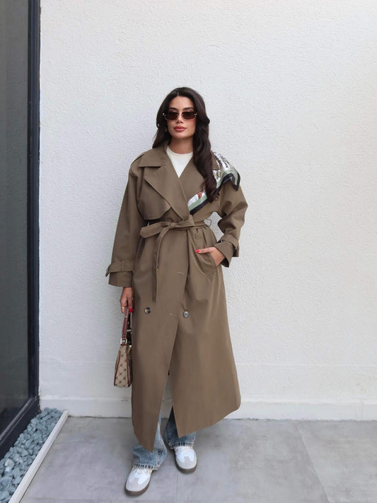 Kruvaze Yaka Kemerli Uzun Trench Haki