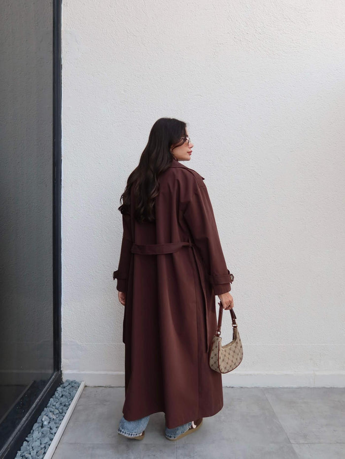 Kruvaze Yaka Kemerli Uzun Trench