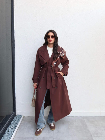 Kruvaze Yaka Kemerli Uzun Trench Kahve