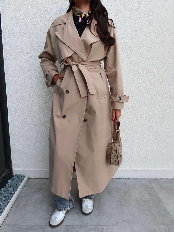 Kruvaze Yaka Kemerli Uzun Trench Bej