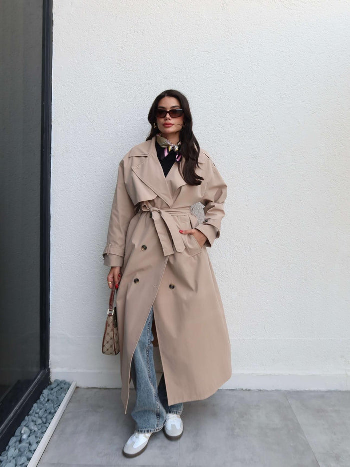 Kruvaze Yaka Kemerli Uzun Trench Bej