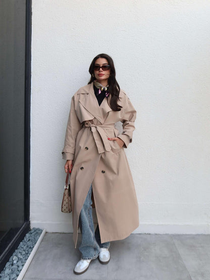 Kruvaze Yaka Kemerli Uzun Trench Bej