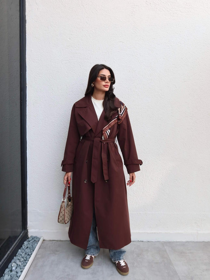 Kruvaze Yaka Kemerli Uzun Trench Kahve