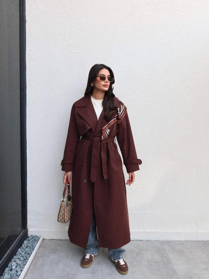 Kruvaze Yaka Kemerli Uzun Trench