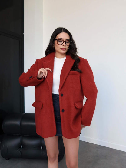 Kruvaze Yaka Kısa Kaşe Ceket