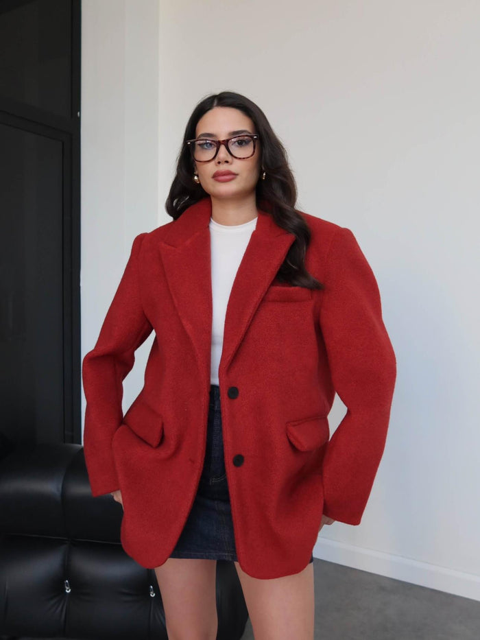 Kruvaze Yaka Kısa Kaşe Ceket