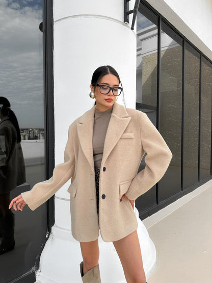 Kruvaze Yaka Kısa Kaşe Ceket