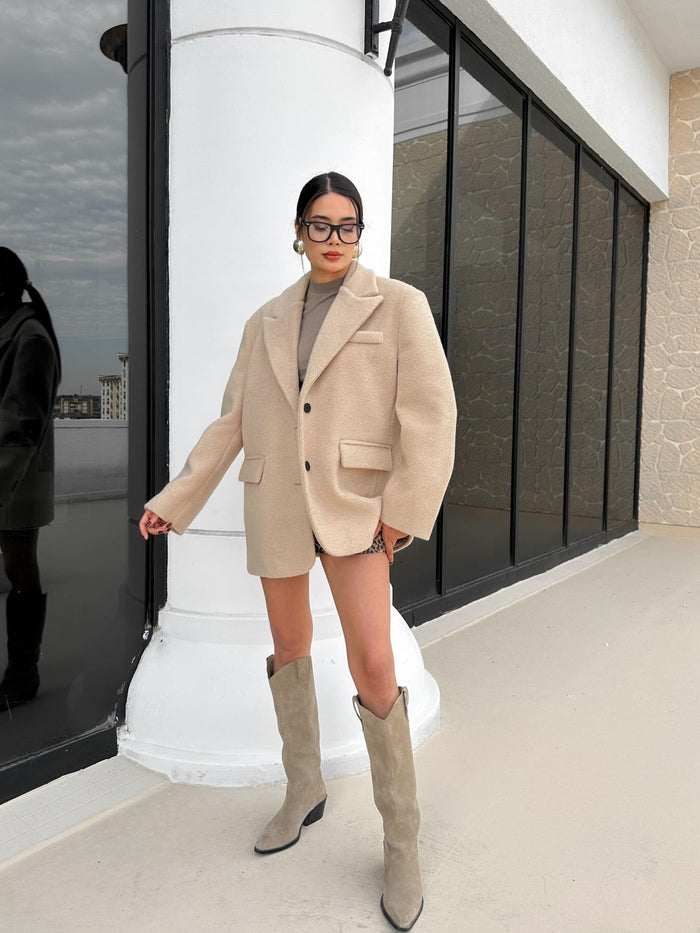 Kruvaze Yaka Kısa Kaşe Ceket