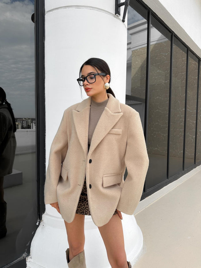 Kruvaze Yaka Kısa Kaşe Ceket