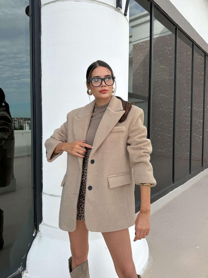 Kruvaze Yaka Kısa Kaşe Ceket