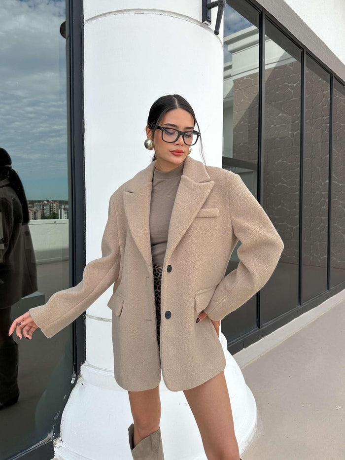 Kruvaze Yaka Kısa Kaşe Ceket