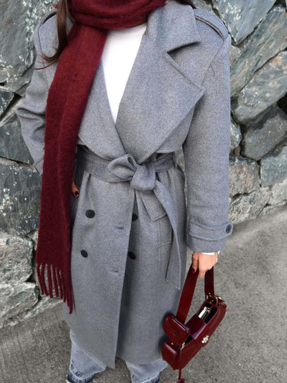 Kruvaze Yaka Parça Detay Apoletli Kuşaklı Kaban