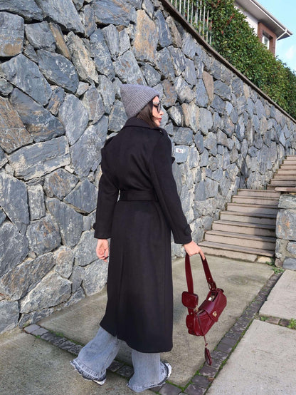 Kruvaze Yaka Parça Detay Apoletli Kuşaklı Kaban