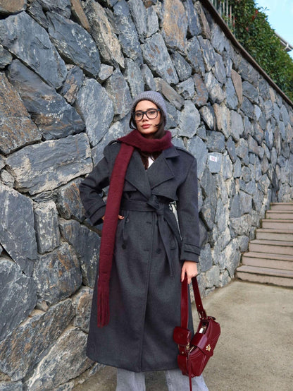 Kruvaze Yaka Parça Detay Apoletli Kuşaklı Kaban