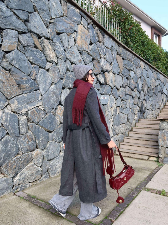 Kruvaze Yaka Parça Detay Apoletli Kuşaklı Kaban