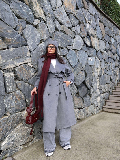 Kruvaze Yaka Parça Detay Apoletli Kuşaklı Kaban