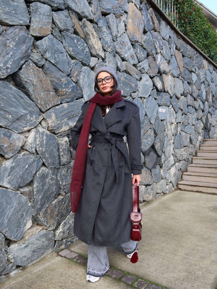 Kruvaze Yaka Parça Detay Apoletli Kuşaklı Kaban