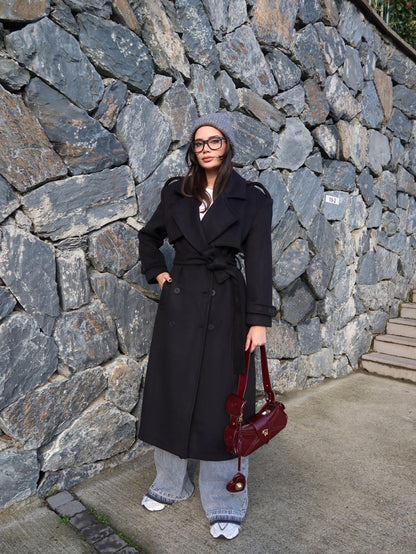 Kruvaze Yaka Parça Detay Apoletli Kuşaklı Kaban