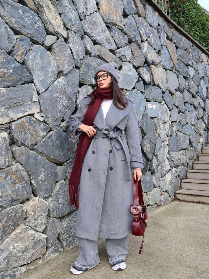 Kruvaze Yaka Parça Detay Apoletli Kuşaklı Kaban