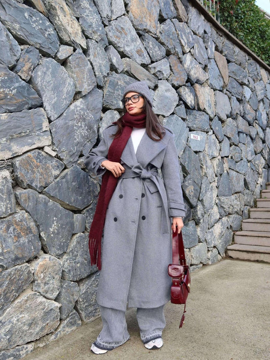 Kruvaze Yaka Parça Detay Apoletli Kuşaklı Kaban