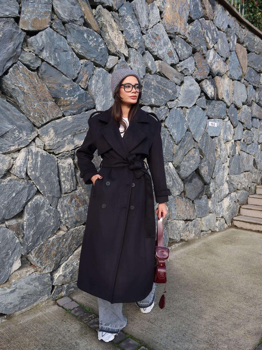 Kruvaze Yaka Parça Detay Apoletli Kuşaklı Kaban