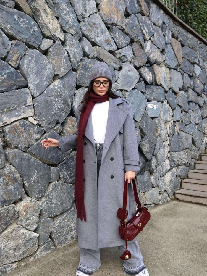 Kruvaze Yaka Parça Detay Apoletli Kuşaklı Kaban