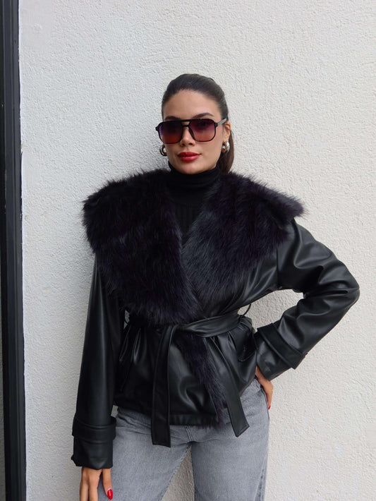 Kürk Yaka Kuşaklı Deri Ceket Siyah
