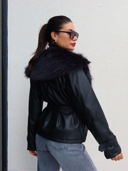 Kürk Yaka Kuşaklı Deri Ceket