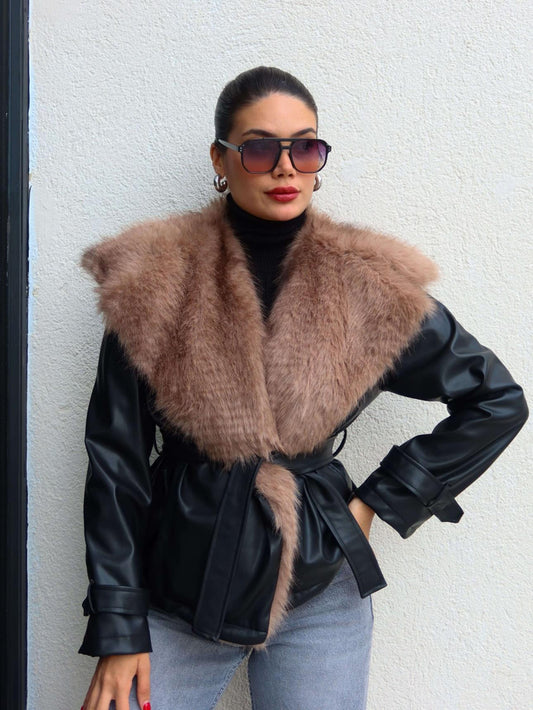Kürk Yaka Kuşaklı Deri Ceket