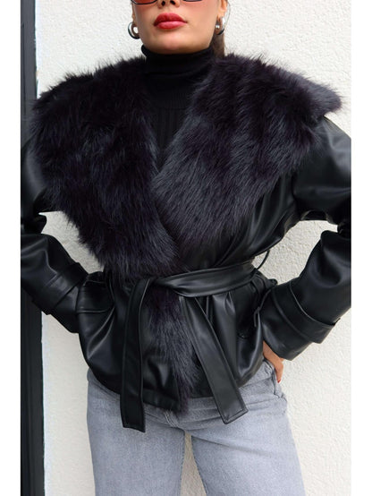 Kürk Yaka Kuşaklı Deri Ceket