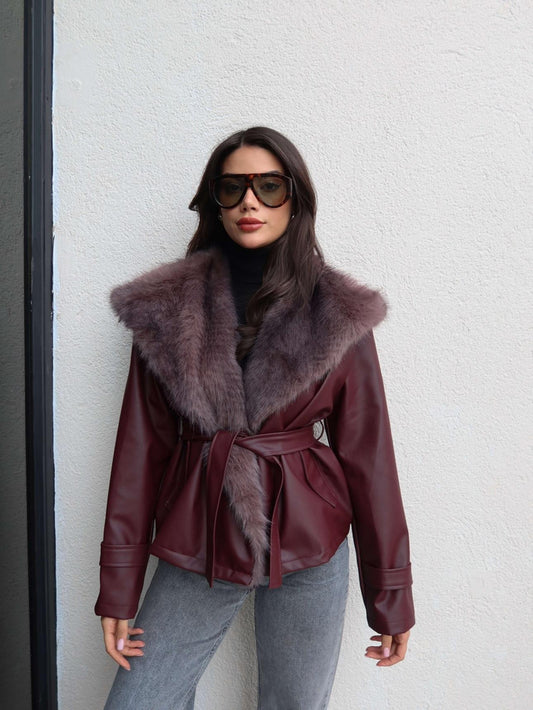 Kürk Yaka Kuşaklı Deri Ceket
